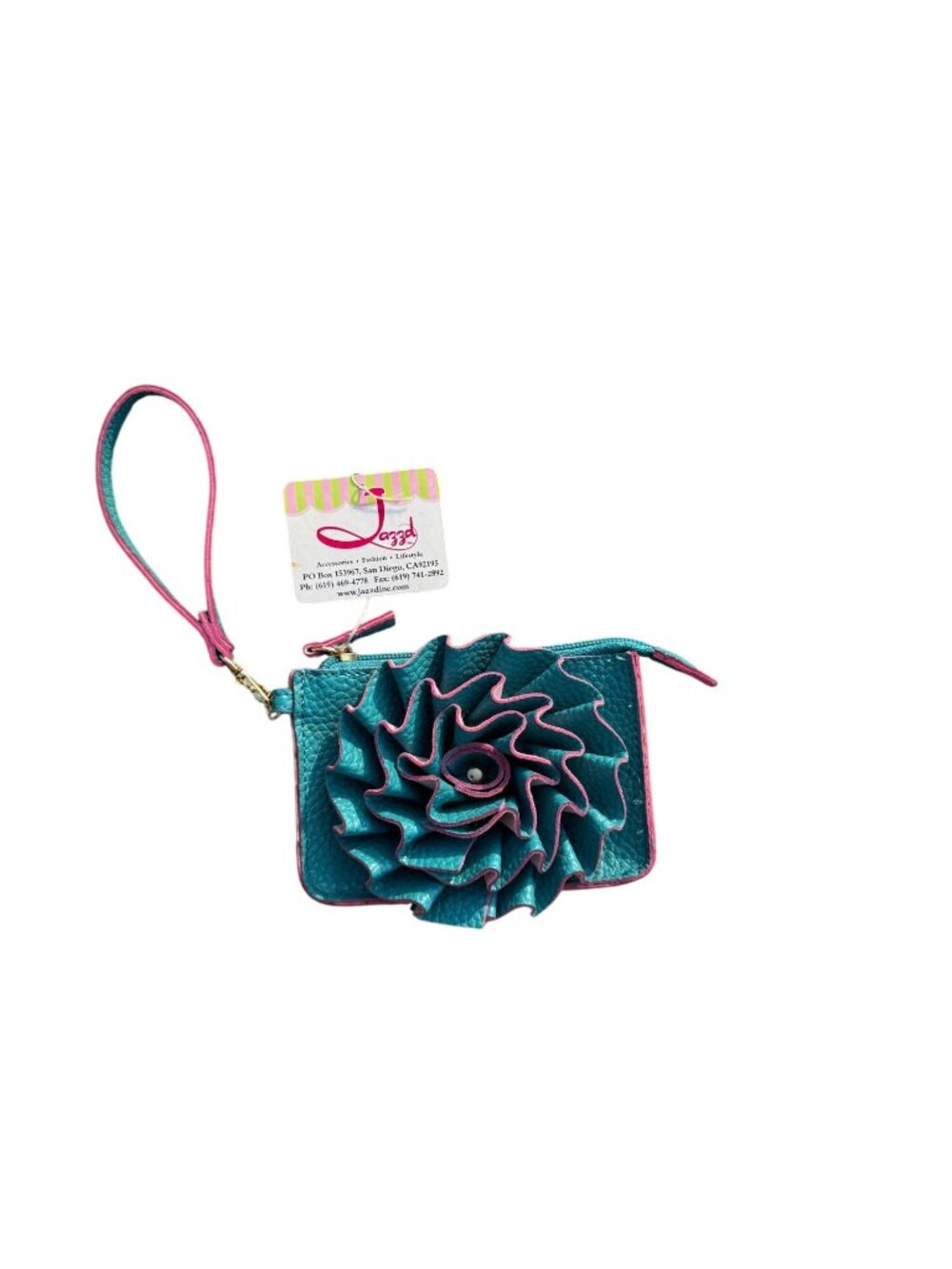 Jazzd Womens Wristlet Wallet Teal & Pink Floral Ruffle Faux Leather Polka Dot